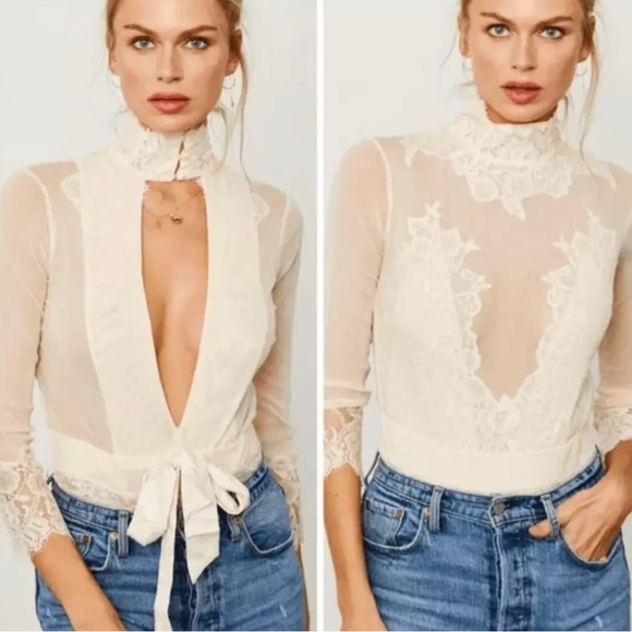 Free People Tops - NWT $148 Free People Take HAH Bow Reversible Bodysuit Size Small Cream Sheer Top